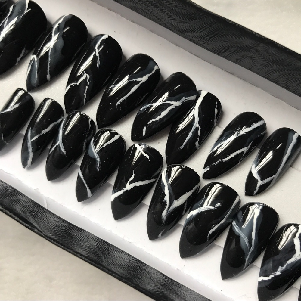 Black Marble Granite Glossy Press On Nails